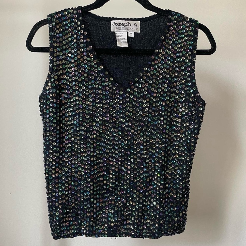 Joseph A. Vintage black vest with rainbow sequins. Size: M